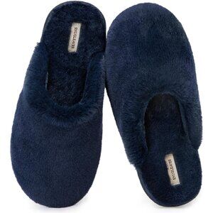 ⚡Women's Blue Fuzzy Scuff Slippers Soft Comfy Memory Foam Non Slip House Shoes